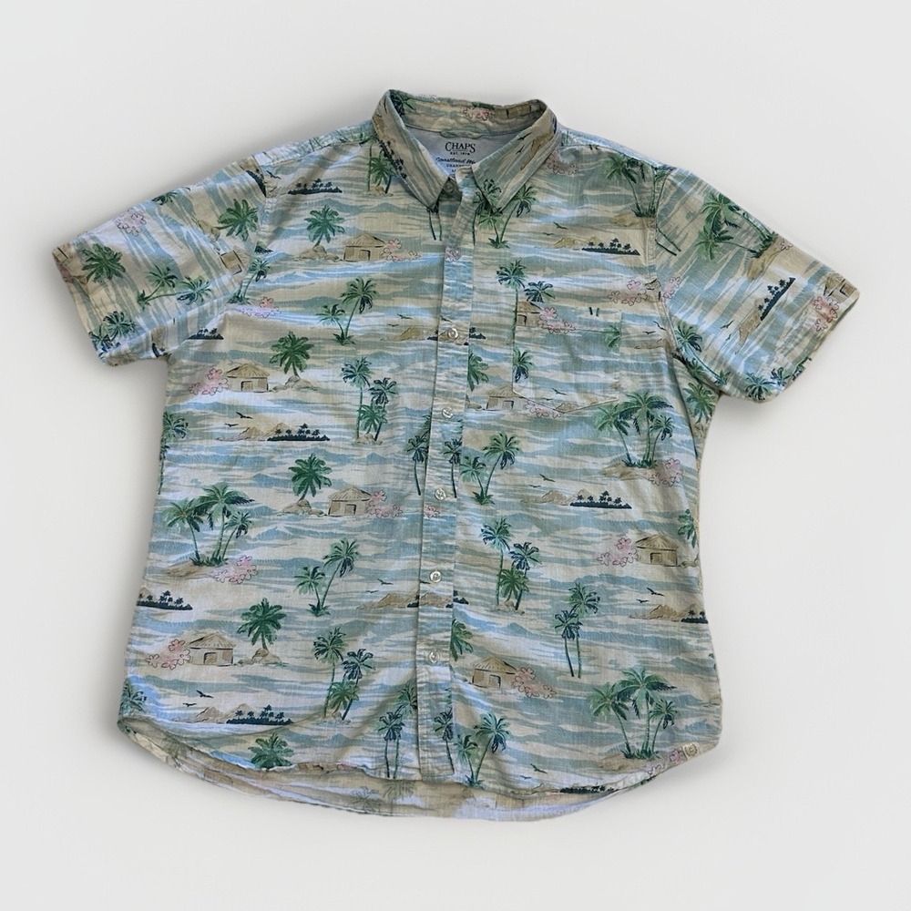 Chaps Coastal Wash Men's Hawaiian Shirt – Size L‎ -100% Cotton Chambray